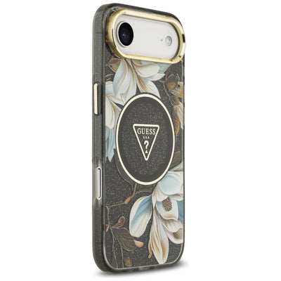 Guess IML Glitter Flowers Triangle MagSafe case for iPhone Air - black