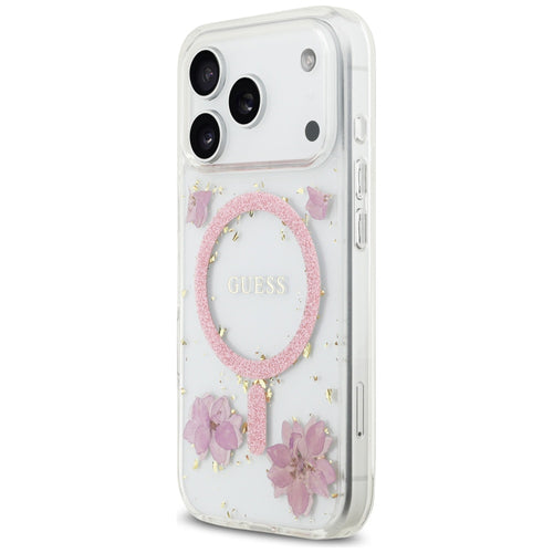 Guess Resin Flowers Glitter MagSafe Case for iPhone 17 Pro - Pink