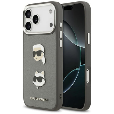 Karl Lagerfeld FW Grained Karl &amp; Choupette Heads Pins &amp; Logo iPhone 17 Pro Max Case - Gray