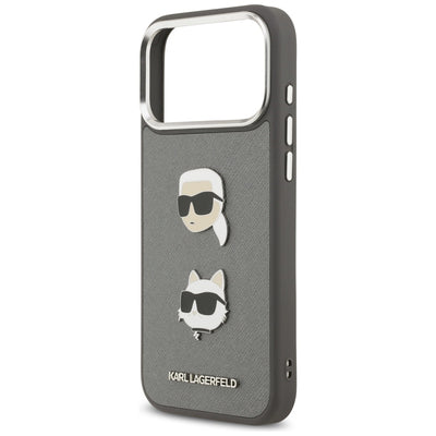 Karl Lagerfeld FW Grained Karl &amp; Choupette Heads Pins &amp; Logo iPhone 17 Pro Max Case - Gray