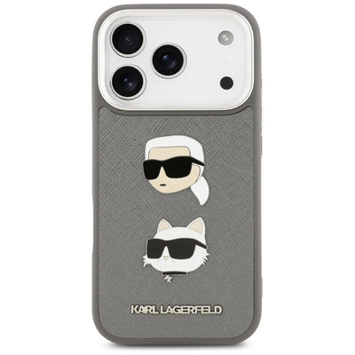Karl Lagerfeld FW Grained Karl &amp; Choupette Heads Pins &amp; Logo iPhone 17 Pro Case - Gray