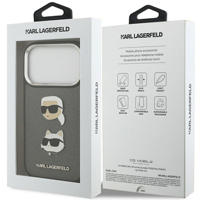 Karl Lagerfeld FW Grained Karl &amp; Choupette Heads Pins &amp; Logo iPhone 17 Pro Case - Gray