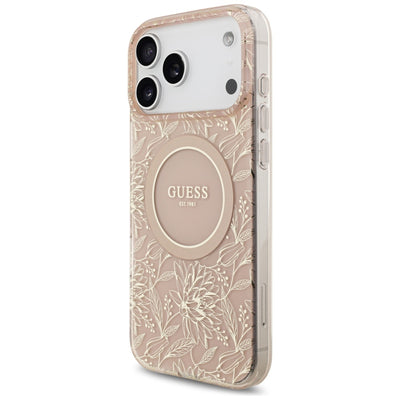 Guess IML Flowers Electro Pearl Strap MagSafe Case for iPhone 17 Pro Max - Pink