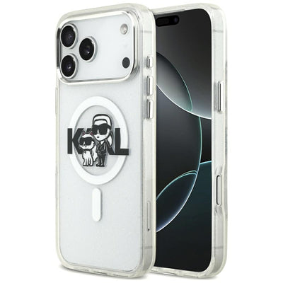 Karl Lagerfeld IML Glitter Karl &amp; Choupette Sketch Logo MagSafe Case for iPhone 17 Pro Max - Clear