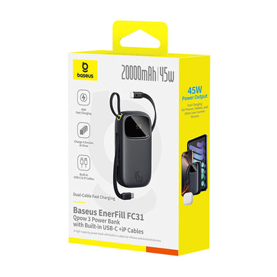 Baseus EnerFill FC31 20000mAh 45W Power Bank with Display with USB-C and Lightning Cables - Black