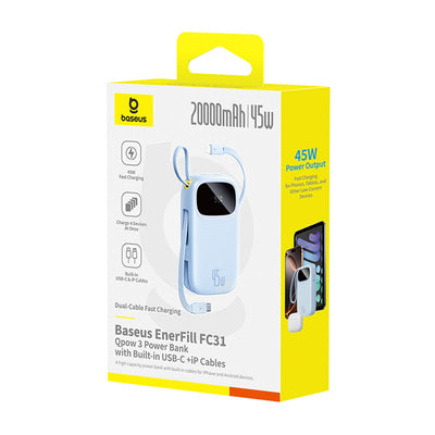 Baseus EnerFill FC31 20000mAh 45W Power Bank with Display with USB-C and Lightning Cables - Blue