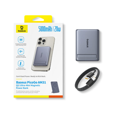 Baseus PicoGo AM31 Qi2 5000mAh 20W Ultra-Thin MagSafe Compatible Power Bank with Stand and Baseus Simple USB-C 20cm Braided C