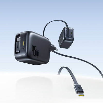 Baseus EnerCore CJ11 45W Wall Charger with USB-C Port and Retractable USB-C Cable - Black