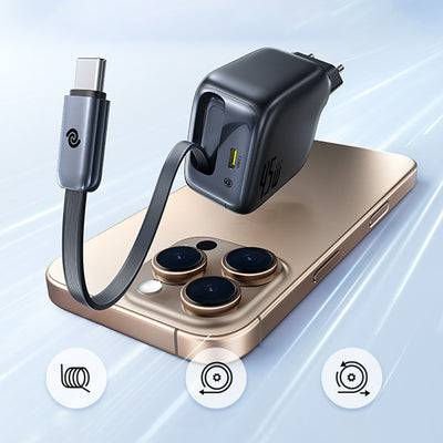 Baseus EnerCore CJ11 45W Wall Charger with USB-C Port and Retractable USB-C Cable - Black