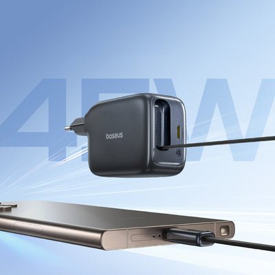 Baseus EnerCore CJ11 45W Wall Charger with USB-C Port and Retractable USB-C Cable - Black