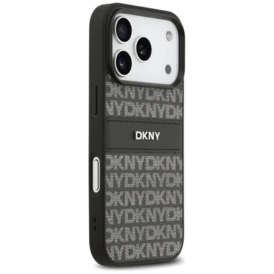 DKNY Repeat Texture Pattern with Tonal Stripe iPhone 17 Pro Case - Black