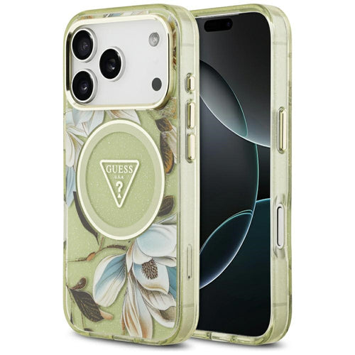 Guess IML Glitter Flowers Triangle MagSafe Case for iPhone 17 Pro Max - Green