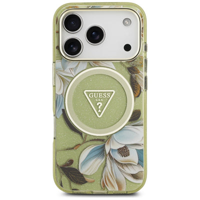 Guess IML Glitter Flowers Triangle MagSafe Case for iPhone 17 Pro Max - Green
