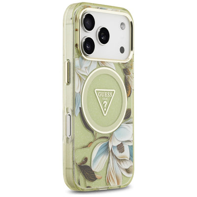 Guess IML Glitter Flowers Triangle MagSafe Case for iPhone 17 Pro Max - Green
