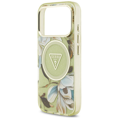 Guess IML Glitter Flowers Triangle MagSafe Case for iPhone 17 Pro Max - Green