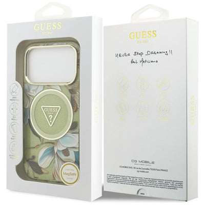 Guess IML Glitter Flowers Triangle MagSafe Case for iPhone 17 Pro Max - Green