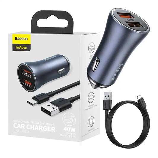 Ładowarka samochodowa Baseus Golden Contactor Pro, 2x USB, 40W (szara) + kabel USB do USB-C 1m (czarny) - Product Image 1