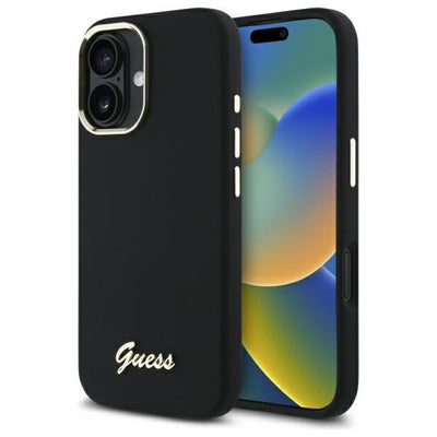 Guess Silicone Script Metal Logo &amp; Frame Case for iPhone 16 Plus - Black