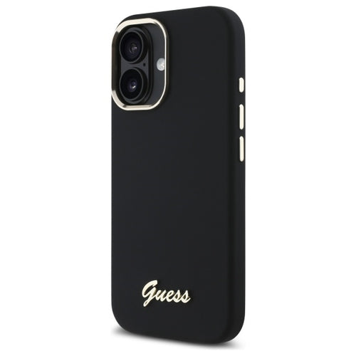 Guess Silicone Script Metal Logo &amp; Frame Case for iPhone 16 Plus - Black