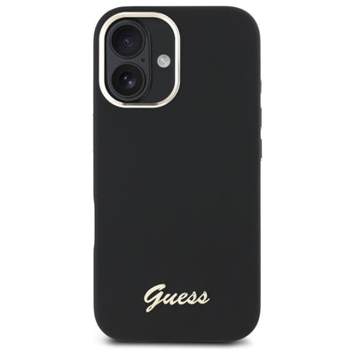 Guess Silicone Script Metal Logo &amp; Frame Case for iPhone 16 Plus - Black