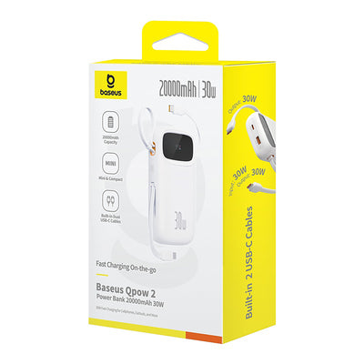 Baseus QPow 2 20000mAh 30W Power Bank with 2 Built-in USB-C Cables - White