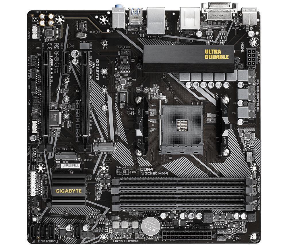 Mainboard GIGABYTE AMD B550 SAM4 Micro-ATX Memory DDR4 Memory slots 4 1xPCI-Express 3.0 1x 1xPCI-Express 3.0 4x 1xPCI-Express 4.0 16x 2xM.2 1xDVI-D 1xHDMI 2xAudio-In 1xAudio-Out 4xUSB 2.0 4xUSB 3.2 1xPS/2 1xRJ45 B550MDS3H1.7