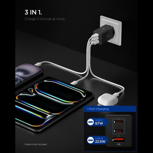 Spigen Essential EE673EU 3-port charger 2xUSB-C 1xUSB-A 67W - black