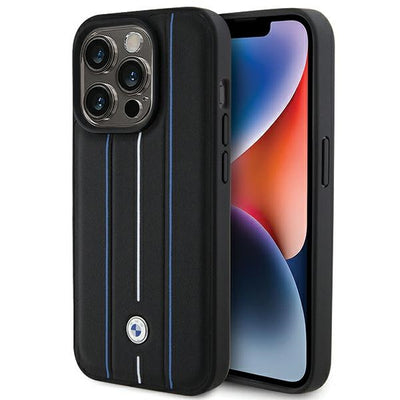 BMW Leather Stamp Blue Line Case for iPhone 15 Pro Max - Black