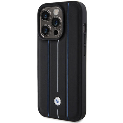 BMW Leather Stamp Blue Line Case for iPhone 15 Pro Max - Black