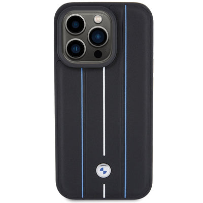 BMW Leather Stamp Blue Line Case for iPhone 15 Pro Max - Black
