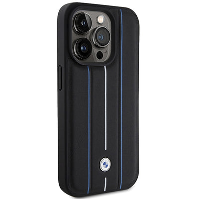 BMW Leather Stamp Blue Line Case for iPhone 15 Pro Max - Black