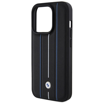 BMW Leather Stamp Blue Line Case for iPhone 15 Pro Max - Black