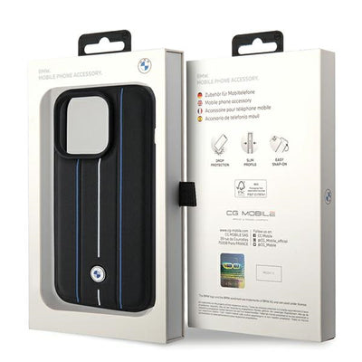 BMW Leather Stamp Blue Line Case for iPhone 15 Pro Max - Black