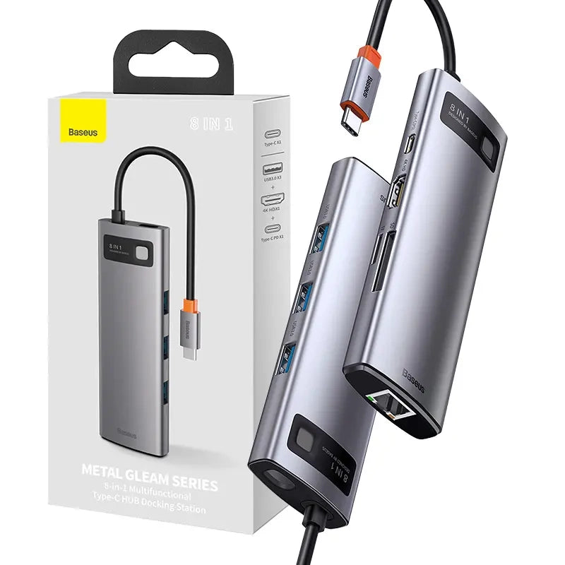Hub 8in1 Baseus Metal Gleam Series, USB-C to 3x USB 3.0 + HDMI + USB-C PD + Ethernet RJ45 + microSD/SD - Product Image 1