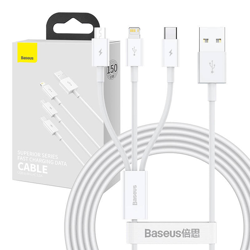 USB cable 3in1 Baseus Superior Series, USB to micro USB / USB-C / Lightning, 3.5A, 1.5m (white) - Product Image 1