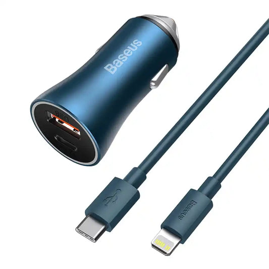 Baseus Golden Contactor Pro car charger, USB + USB-C, QC4.0+, PD, SCP, 40W (blue) + USB-C - Lightning cable 1m (blue) - Product Image 1