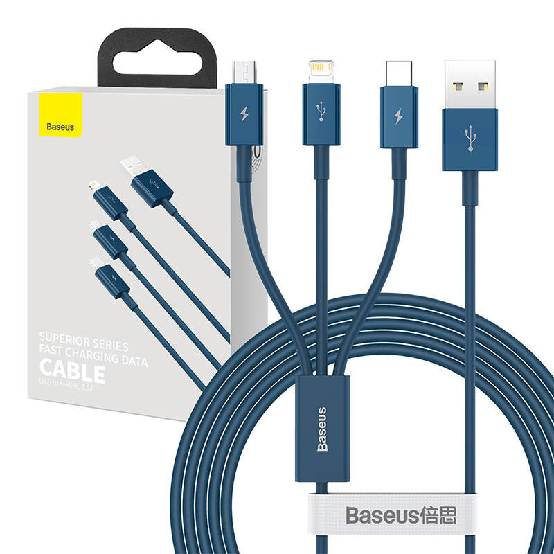 USB cable 3in1 Baseus Superior Series, USB to micro USB / USB-C / Lightning, 3.5A, 1.5m (blue) - Product Image 1
