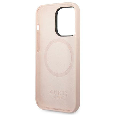 Etui Guess Silicone Logo Plate MagSafe na iPhone 14 Pro - różowe