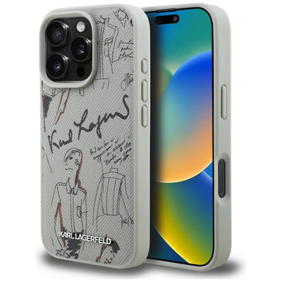 Karl Lagerfeld Grained Pattern &amp; Logo MagSafe Case for iPhone 16 Pro Max - Gray