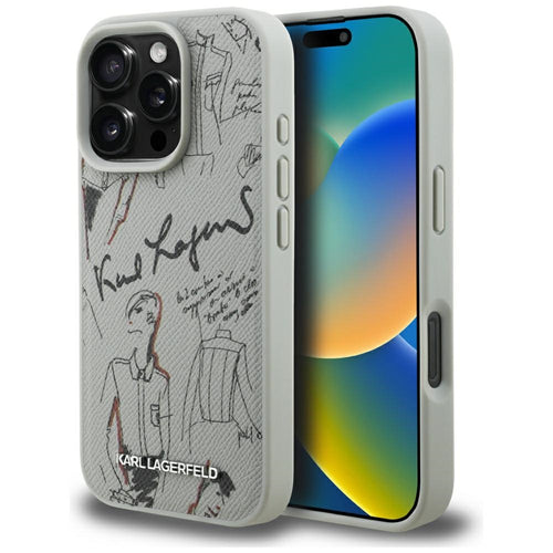 Karl Lagerfeld Grained Pattern &amp; Logo MagSafe Case for iPhone 16 Pro - Gray