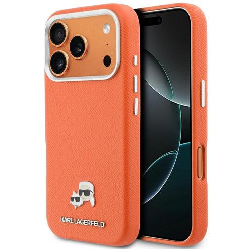Karl Lagerfeld Karl &amp; Choupette Head Pins Saffiano MagSafe Case for iPhone 17 Pro - Orange