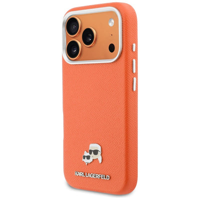 Karl Lagerfeld Karl &amp; Choupette Head Pins Saffiano MagSafe Case for iPhone 17 Pro - Orange