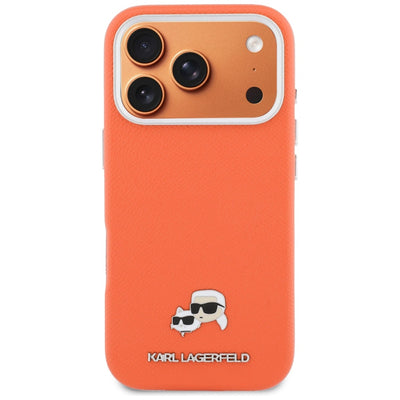 Karl Lagerfeld Karl &amp; Choupette Head Pins Saffiano MagSafe Case for iPhone 17 Pro - Orange
