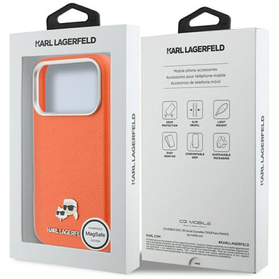 Karl Lagerfeld Karl &amp; Choupette Head Pins Saffiano MagSafe Case for iPhone 17 Pro - Orange