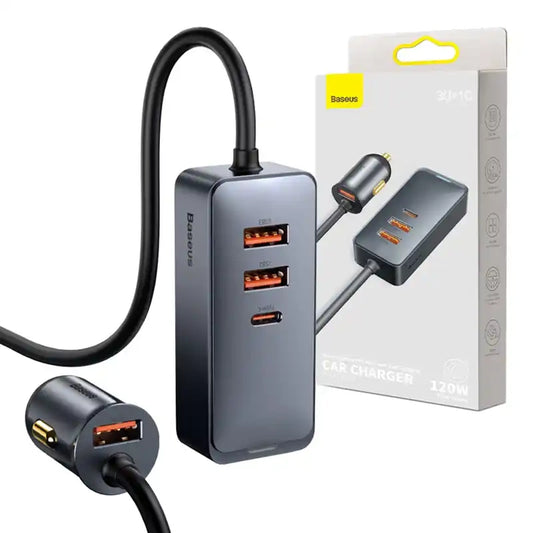 Car charger Baseus Share Together with extension cord, 3x USB, USB-C, 120W (grey) - Product Image 1