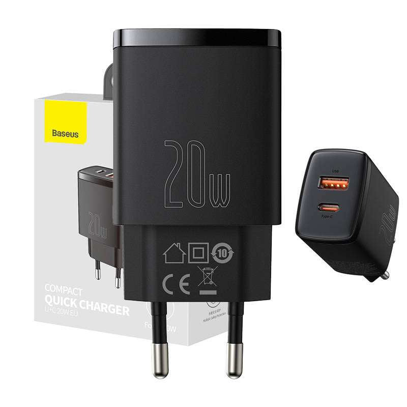 Baseus Compact Quick Charger, USB, USB-C, 20W (black) - Product Image 9