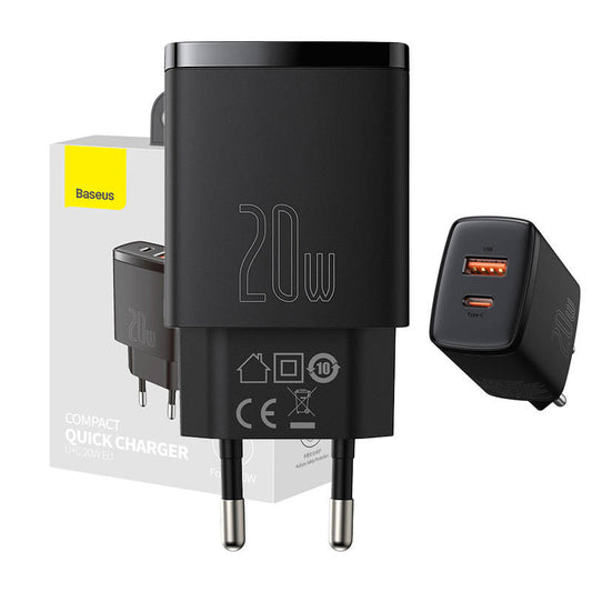 Baseus Compact Quick Charger, USB, USB-C, 20W (black) - Product Image 1