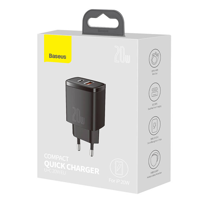 Baseus Compact Quick Charger, USB, USB-C, 20W (black) - Product Image 7