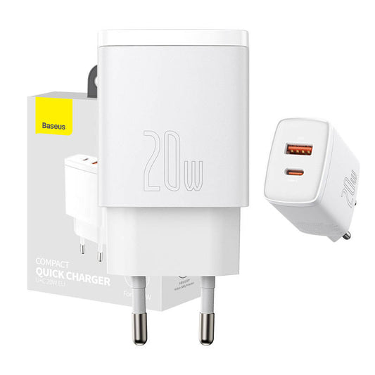 Baseus Compact Quick Charger, USB, USB-C, 20W (white) - Product Image 1