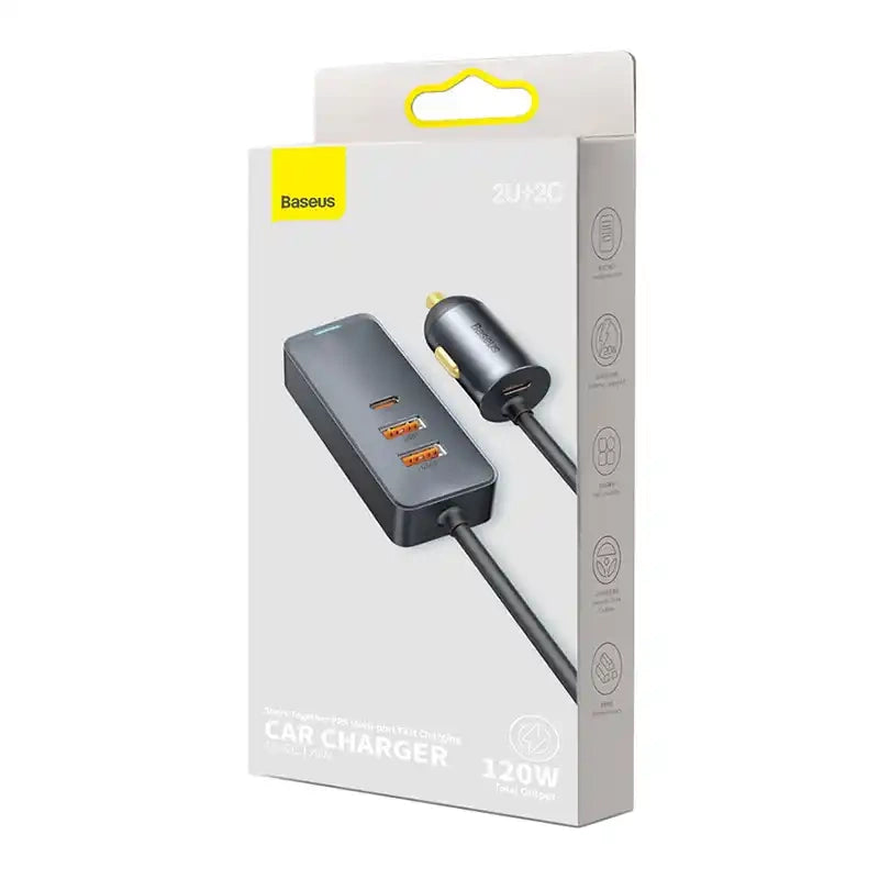 Car charger Baseus Share Together with extension cord, 2x USB, 2x USB-C, 120W (grey) - Product Image 7